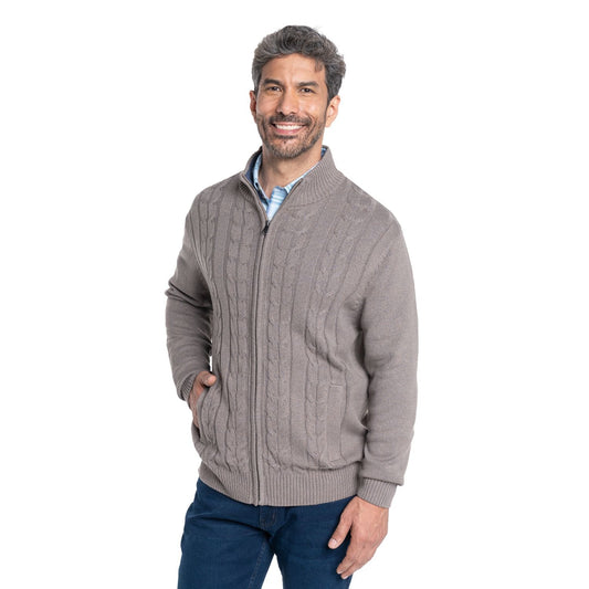 Sweater Hombre Cierre Completo Trenzado con Bolsillos Cafe