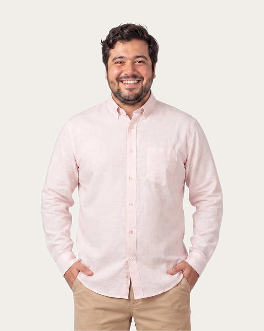 Camisa Hombre Look Lino Manga Larga Rosado Claro