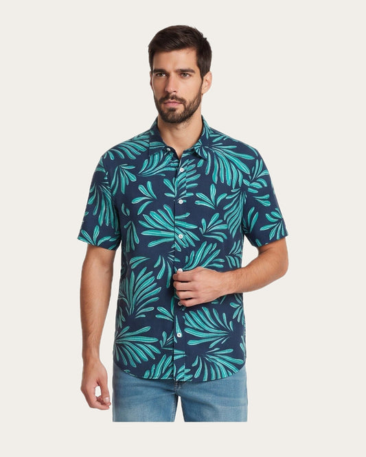 Camisa Hombre Manga Corta Viscosa Diseño Turquesa