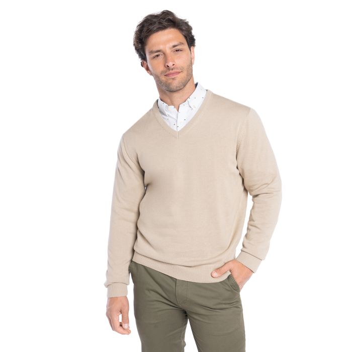 Sweater Hombre Cuello V 100% Algodón Beige