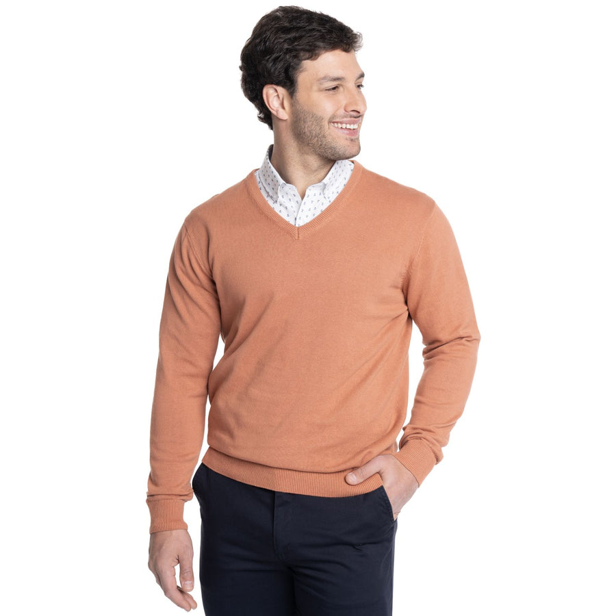 Sweater Hombre Cuello V 100% Algodón Naranjo