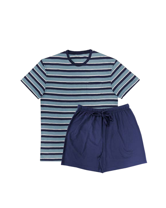 Pijama Hombre de Verano Celeste Lineas Manga Corta SG