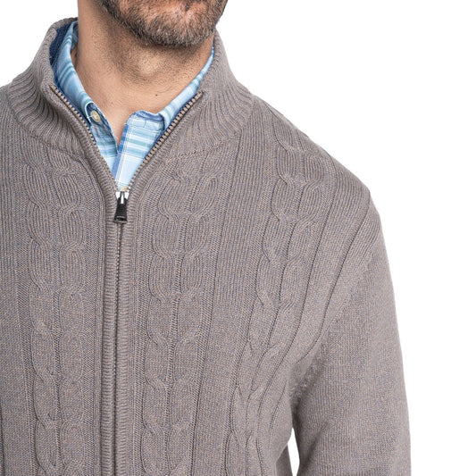Sweater Hombre Cierre Completo Trenzado con Bolsillos Cafe