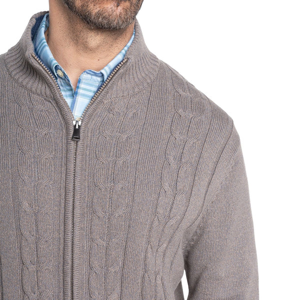 Sweater Hombre Cierre Completo Trenzado con Bolsillos Cafe