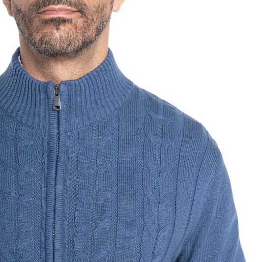 Sweater Hombre Cierre Completo Trenzado con Bolsillos Azul