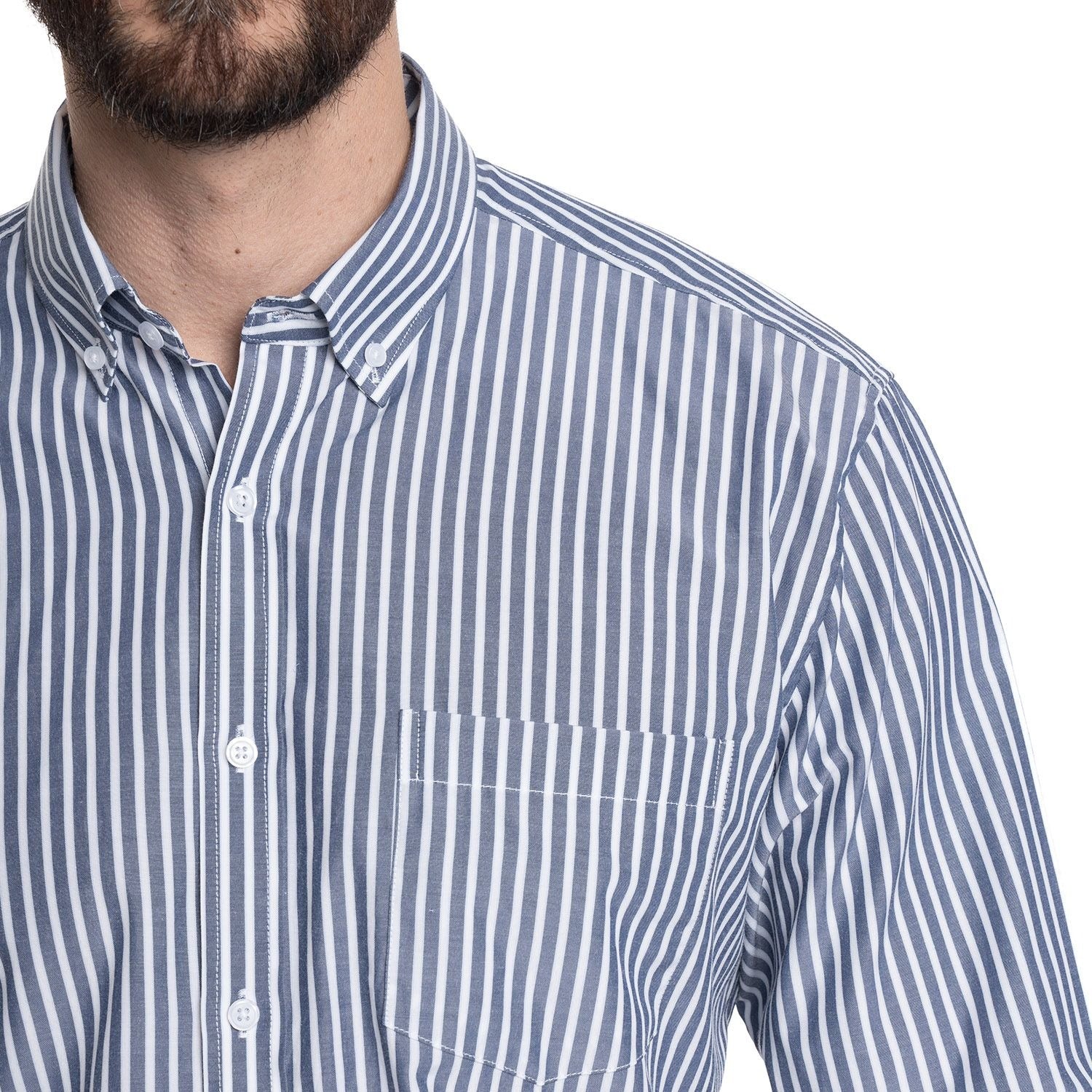 Camisa Hombre Listada Premium Cuello Semi Italiano Celeste Medio - Sensez