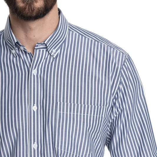 Camisa Hombre Listada Premium Cuello Semi Italiano Celeste Medio - Sensez