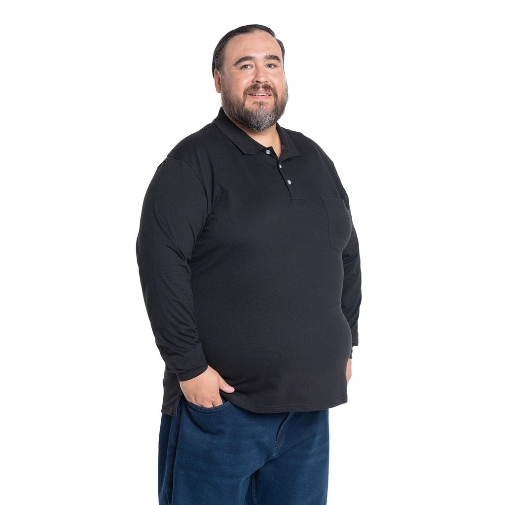 Polera Hombre Jersey Pique Manga Larga Cuello Polo Negro