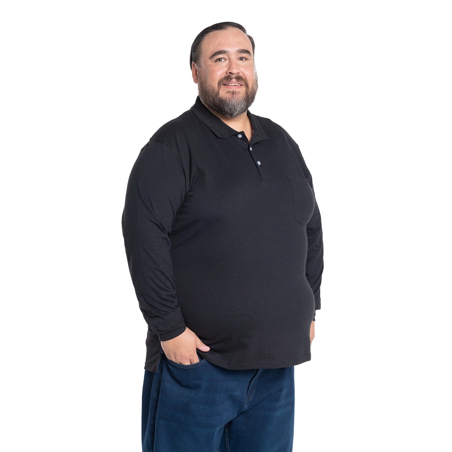 Polera Hombre Jersey Pique Manga Larga Cuello Polo Negro