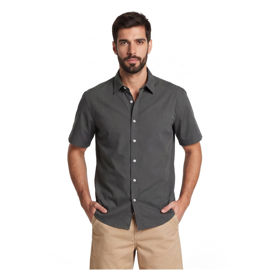 Camisa Hombre Manga Corta Lyocell Lisa Gris Medio
