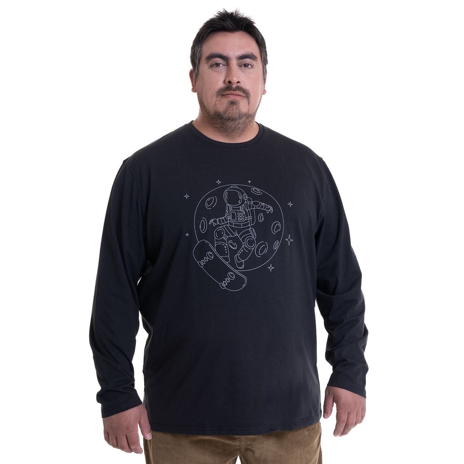 Polera Hombre Jersey Manga Larga Negra con Diseño Luna