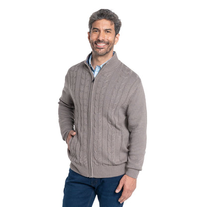Sweater Hombre Cierre Completo Trenzado con Bolsillos Cafe