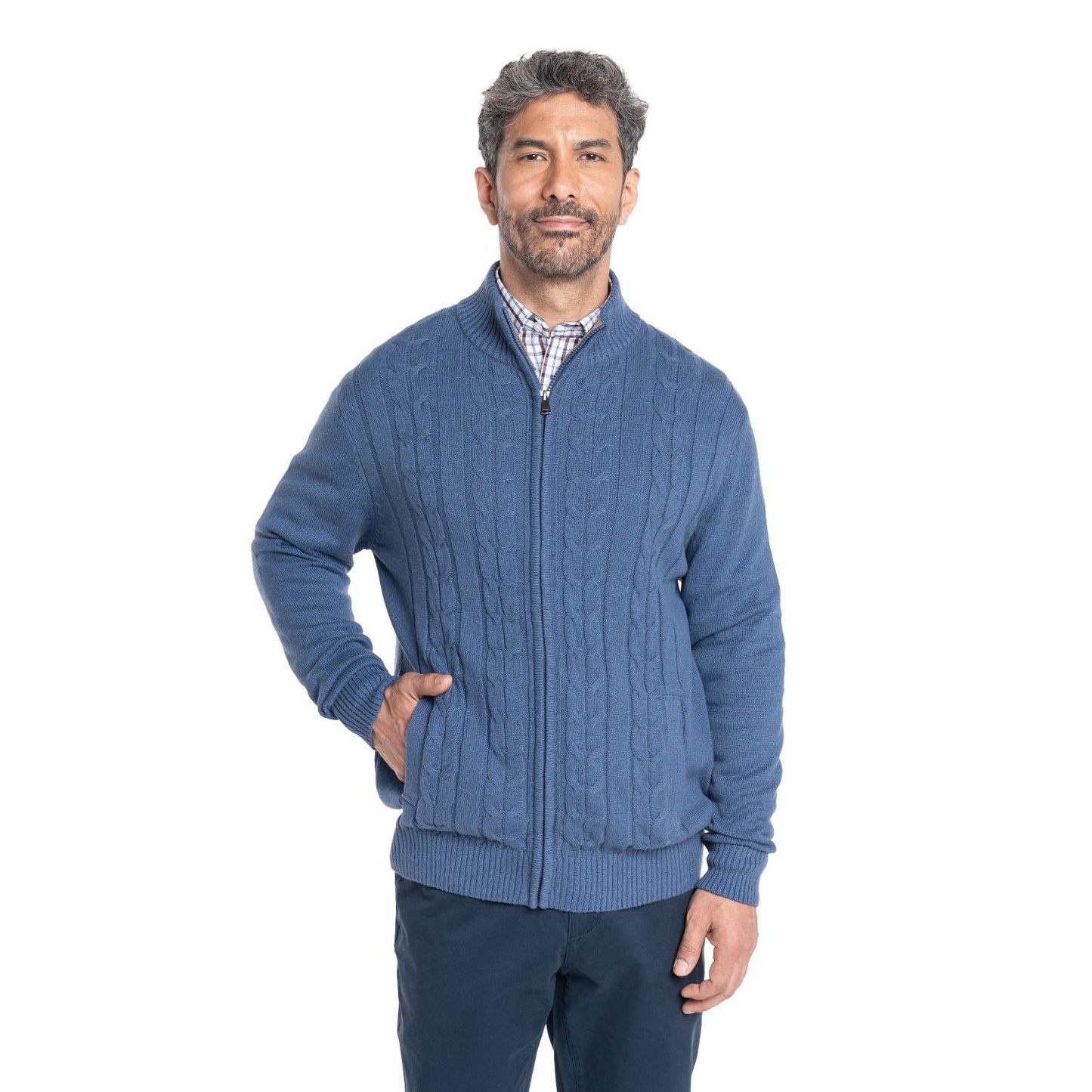 Sweater Hombre Cierre Completo Trenzado con Bolsillos Azul