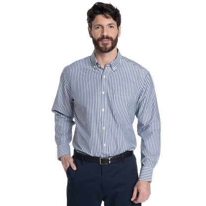 Camisa Hombre Listada Premium Cuello Semi Italiano Celeste Medio - Sensez