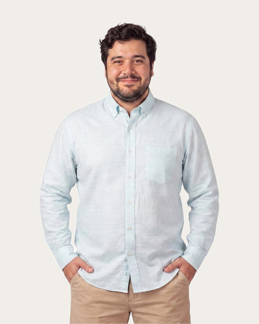 Camisa Hombre Look Lino  Manga Larga Celeste Claro